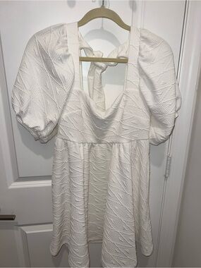 Free People White Textured White Puff Sleeve Mini Dress